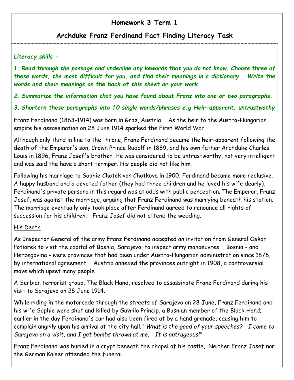 Homework 3 Term 1 Archduke Franz Ferdinand Fact Finding Literacy Task