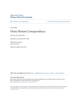 Henry Beston Correspondence Henry Beston 1888-1968