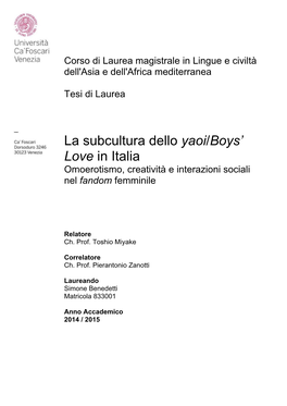La Subcultura Dello Yaoi/Boys' Love in Italia