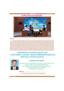 Emotional Intelligence of “ Satyamev Jayate ” Has Composed Indians, Socially Intelligent
