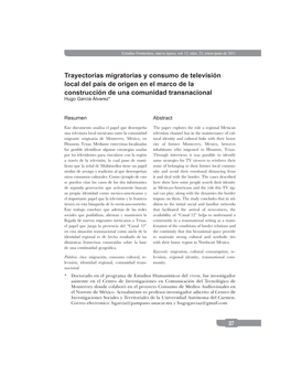 Trayectorias Migratorias Y Consumo De Televisión Local Del País De Origen En El Marco De La Construcción De Una Comunidad Transnacional Hugo García Álvarez*