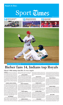 Bieber Fans 14, Indians Top Royals Olson’S 10Th-Inning Slam Lifts A’S Over Angels