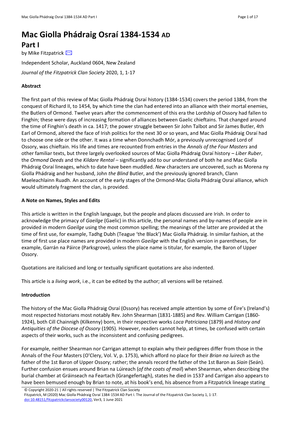 Mac Giolla Phádraig Osraí 1384-1534 AD Part I Page 1 of 17