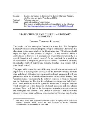 State Church and Church Autonomy in Norway