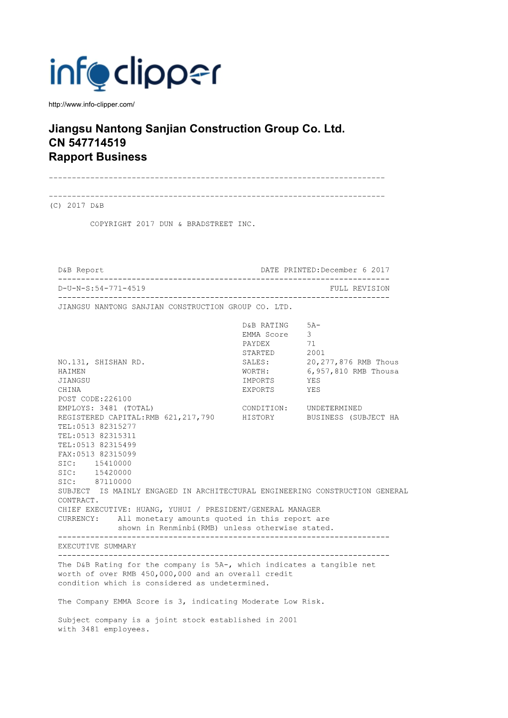 Jiangsu Nantong Sanjian Construction Group Co. Ltd. CN 547714519 Rapport Business