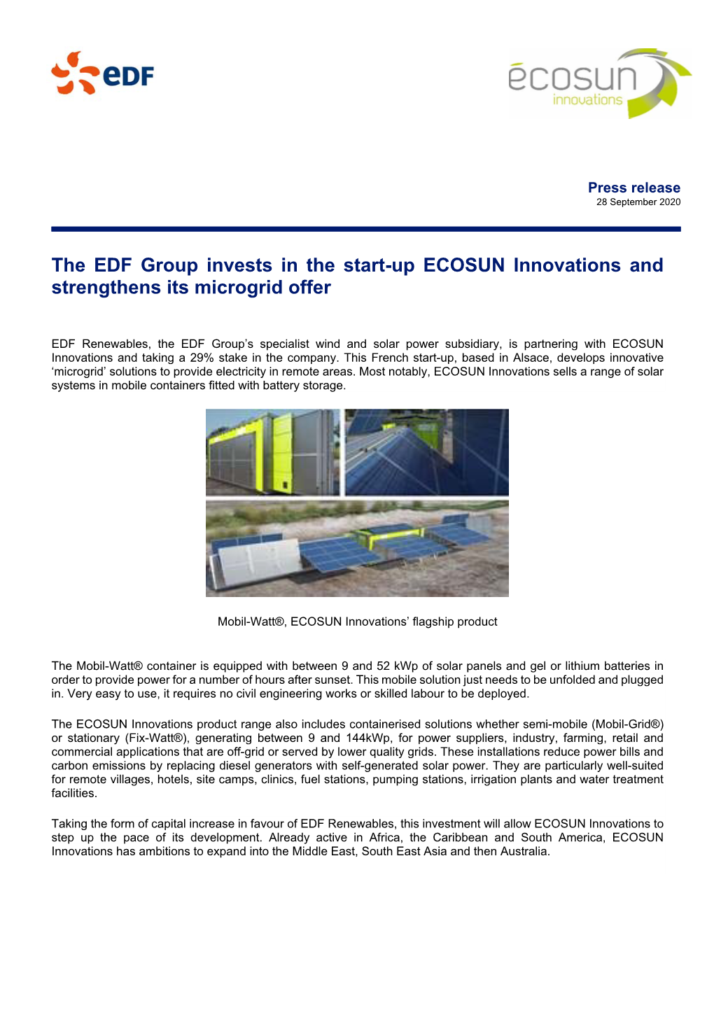 The EDF Group Invests in the Start-Up ECOSUN Innovations and Strengthens Its Microgrid Offer