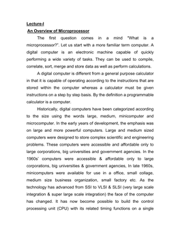 Lecture-I an Overview of Microprocessor the First