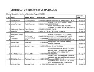 Schedule for Interview of Specialists