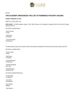 The Academy Announces the List of Nominees for 88Th Oscars