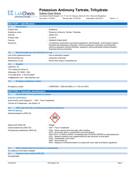 Potassium Antimony Tartrate, Trihydrate Safety Data Sheet According to Federal Register / Vol
