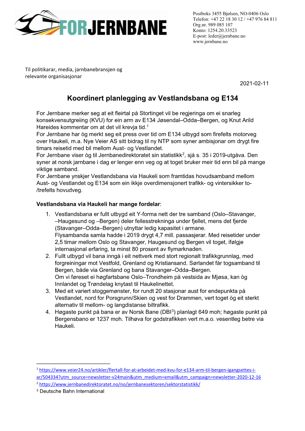 Koordinert Planlegging Av Vestlandsbana Og E134