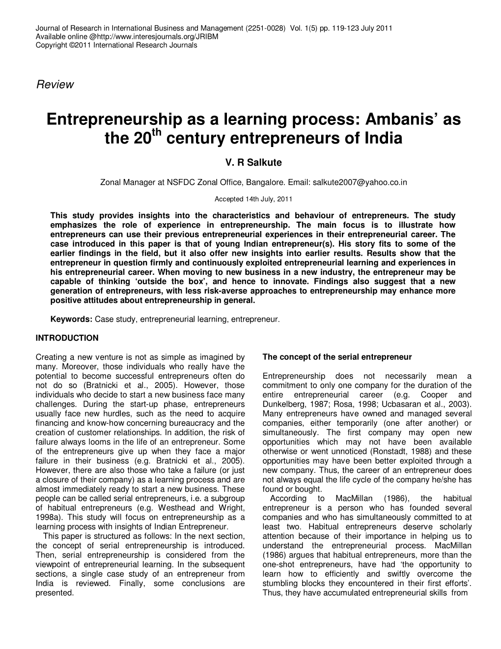 Entrepreneurship As a Learning Process: Ambanis' As the 20 Century