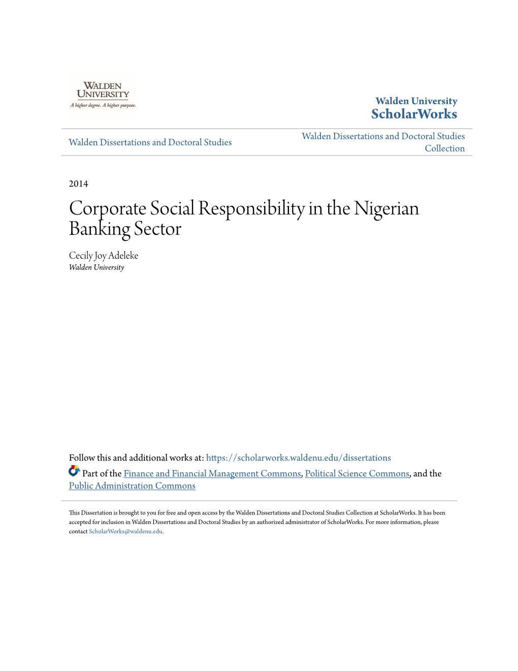 Corporate Social Responsibility in the Nigerian Banking Sector Cecily Joy Adeleke Walden University