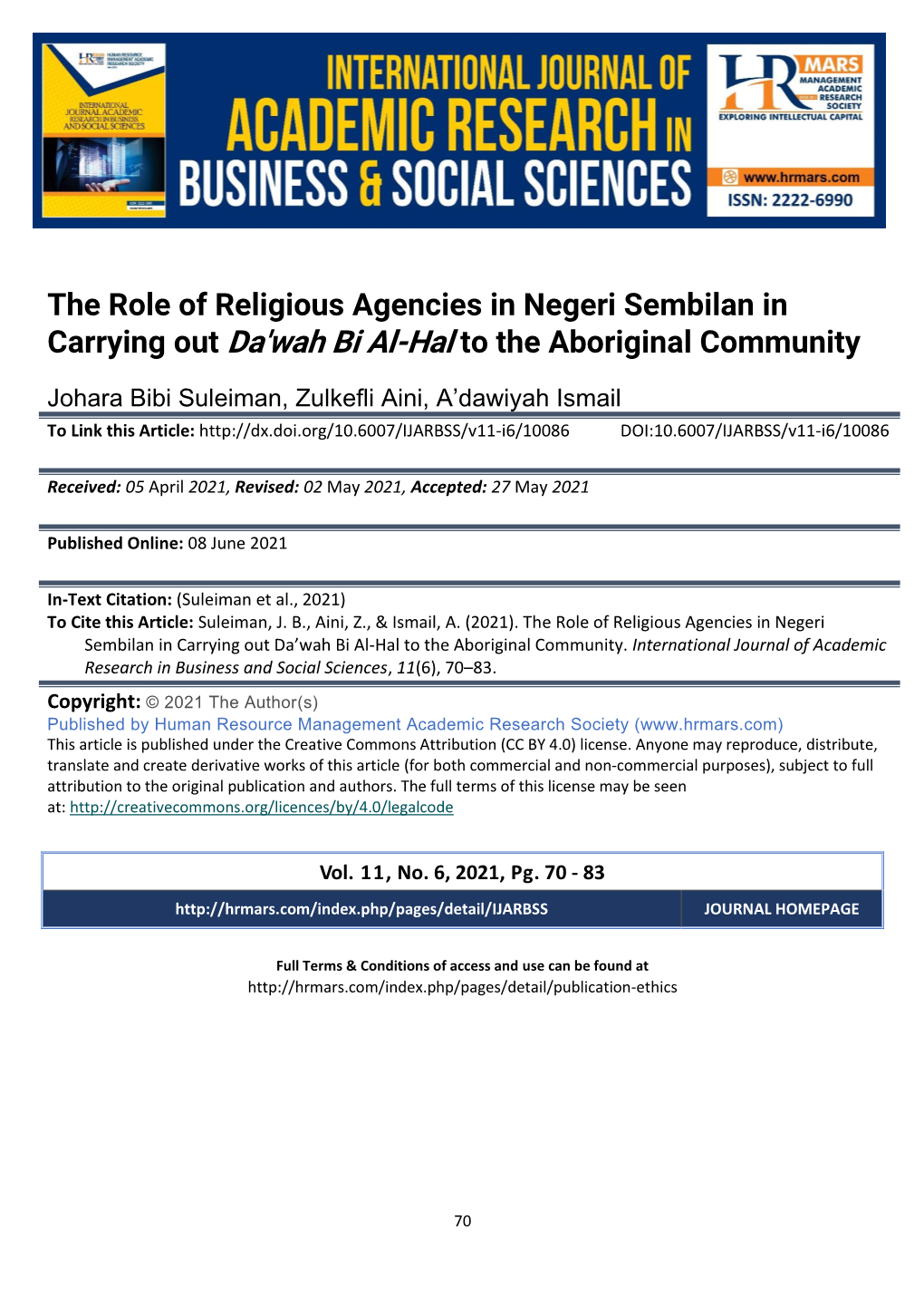 The Role of Religious Agencies in Negeri Sembilan in Carrying out Da'wah Bi Al-Hal to the Aboriginal Community