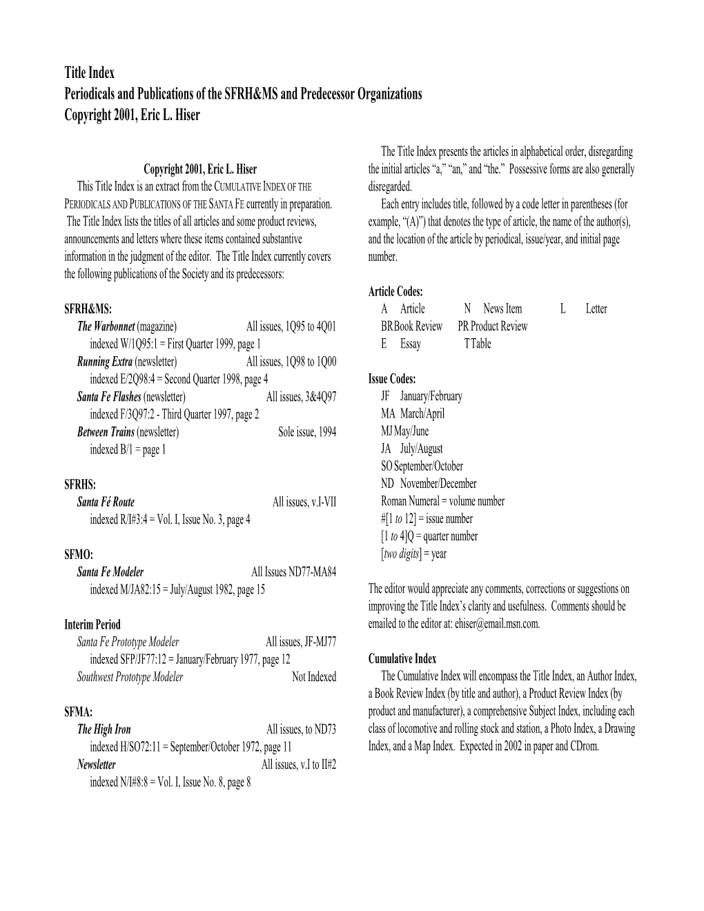 Title Index Periodicals and Publications of the SFRH&MS And