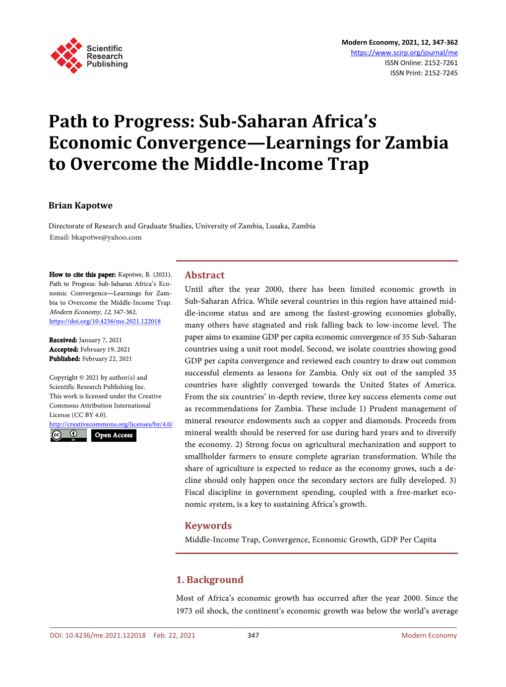 Sub-Saharan Africa's Economic Convergence—Learnings for Zambia to Overcome the Middle-Income Trap
