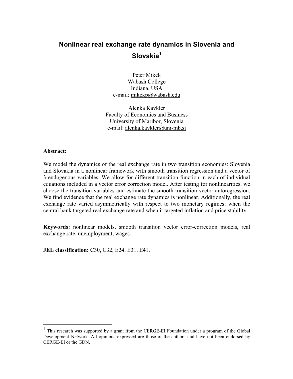 Nonlinear Real Exchange Rate Dynamics in Slovenia and Slovakia1