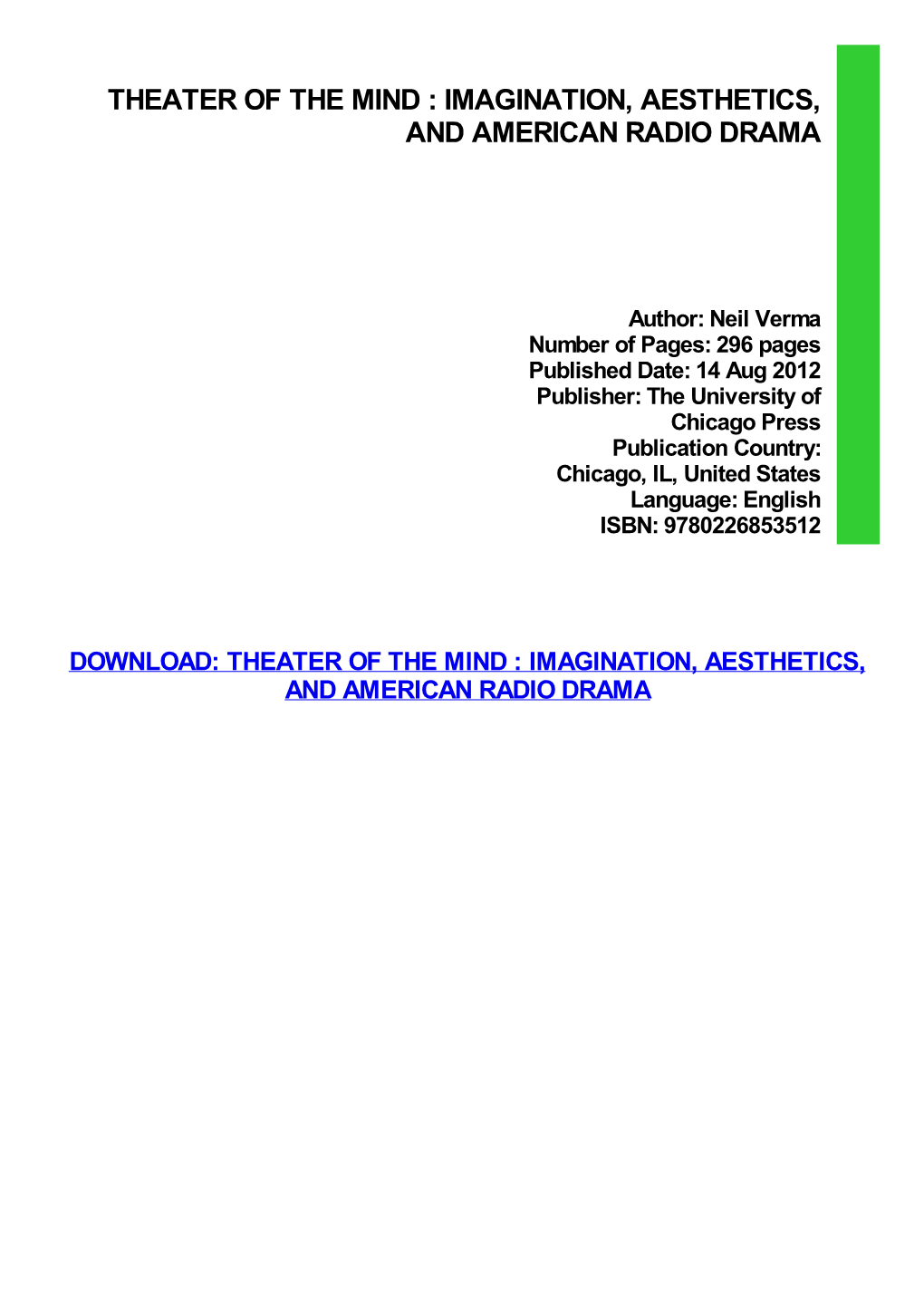 {FREE} Theater of the Mind : Imagination, Aesthetics, and American Radio Drama Kindle