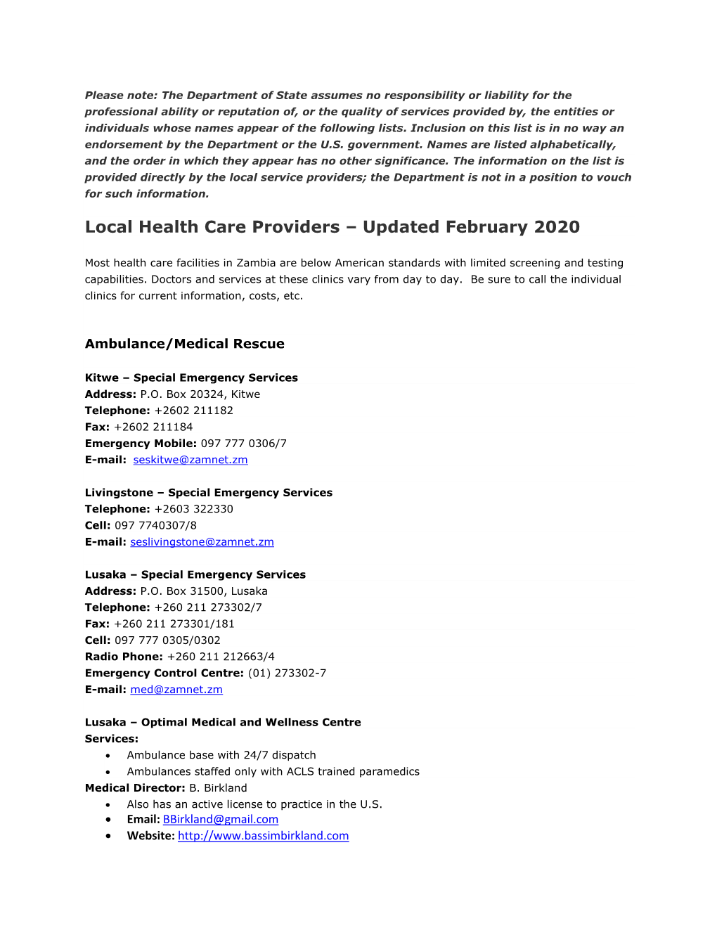 Local Health Care Providers – Updated February 2020