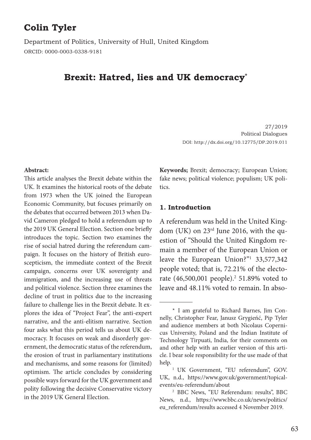 Colin Tyler Brexit: Hatred, Lies and UK Democracy*