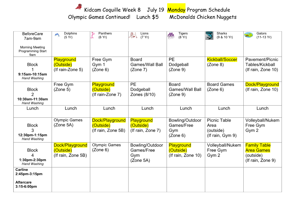 Kidcam Coquille Week 8 July 19 Monday Program Schedule Olympic Games Continued! Lunch $5 Mcdonalds Chicken Nuggets