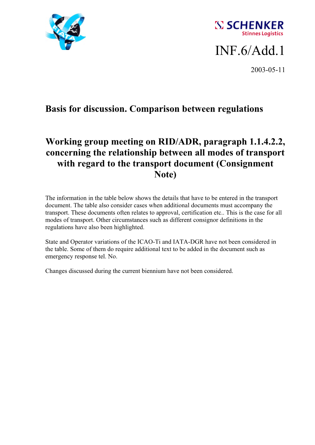 Comparison Between ADR 2003, IMDG Code Amdt 31-02, ICAO-TI 2003-2004 Edition, IATA-DGR