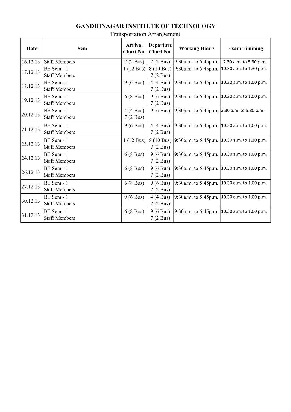 GANDHINAGAR INSTITUTE of TECHNOLOGY Transportation Arrangement Arrival Departure Date Sem Working Hours Exam Timining Chart No