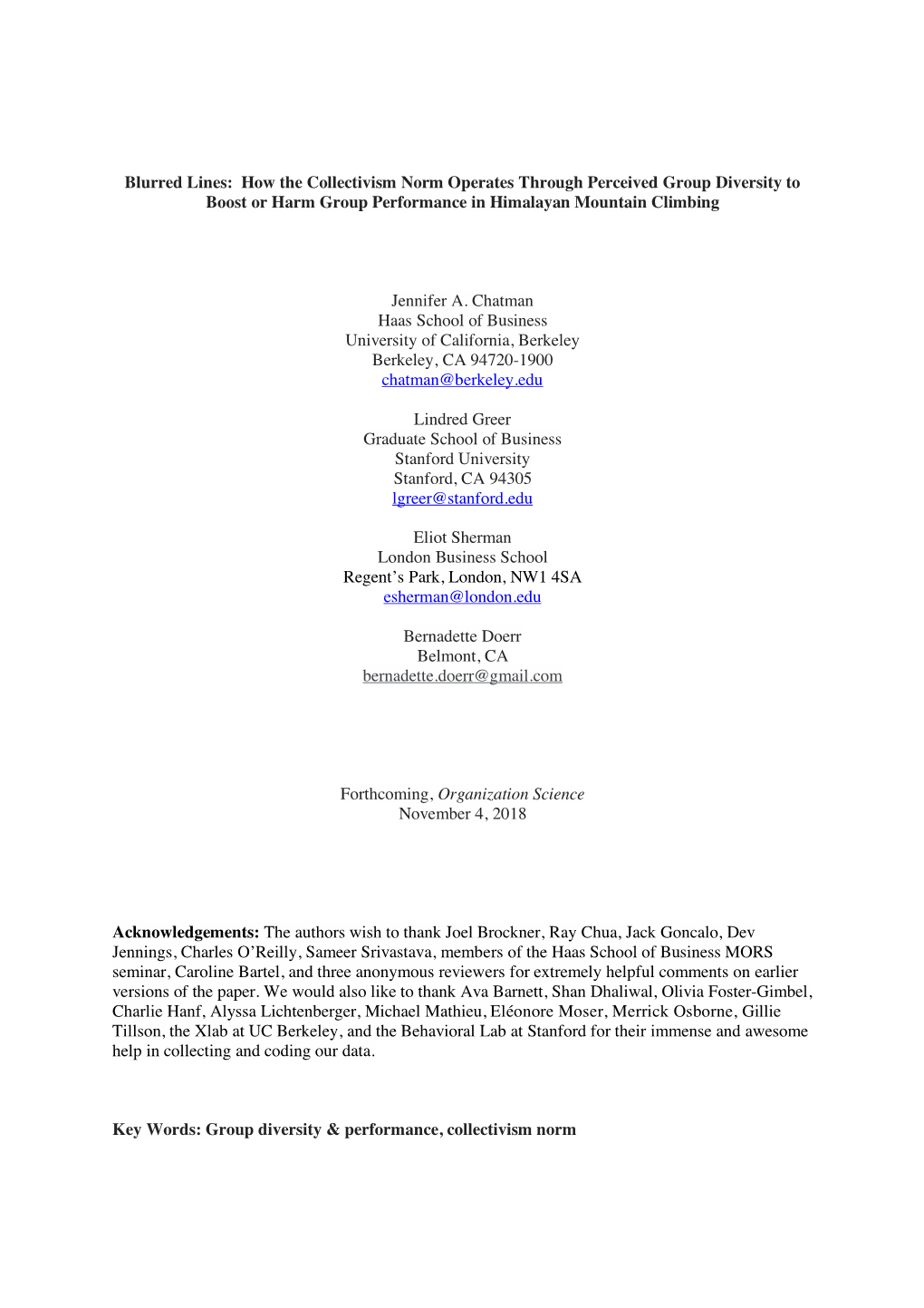 Blurred Lines: How the Collectivism Norm Operates Through Perceived Group Diversity to Boost Or Harm Group Performance in Himalayan Mountain Climbing