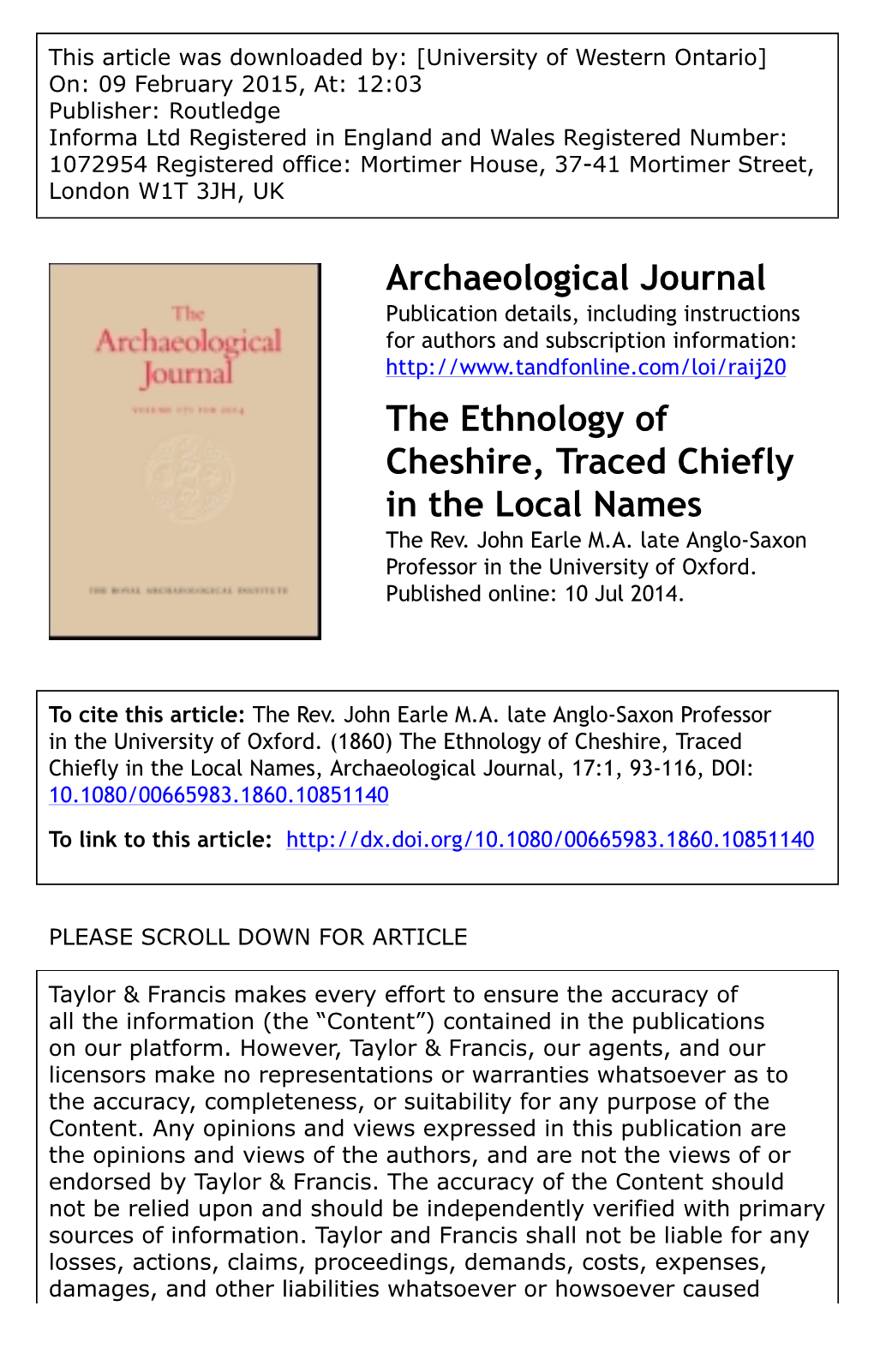 Archaeological Journal the Ethnology of Cheshire, Traced Chiefly in The