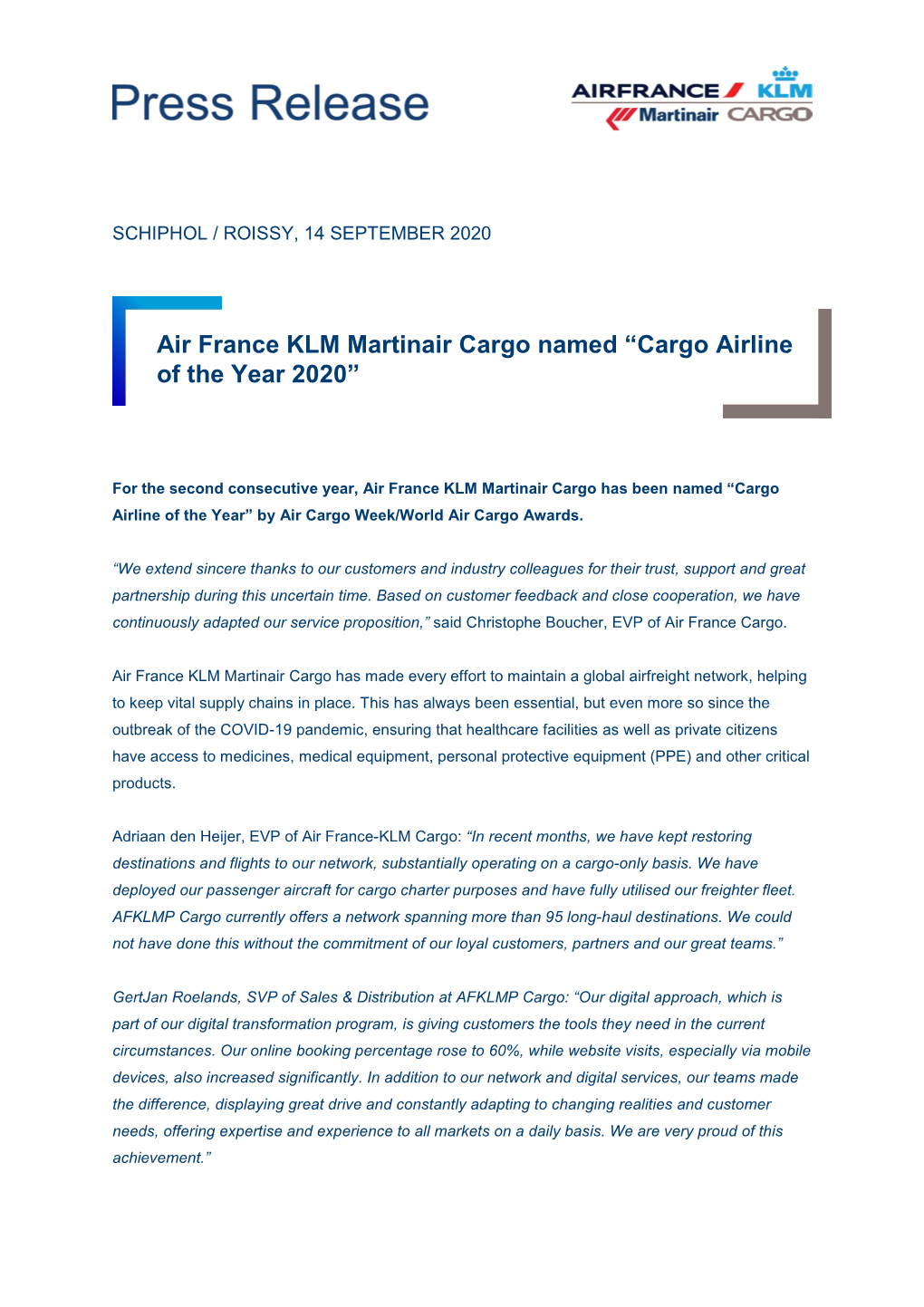 Air France KLM Martinair Cargo Named “Cargo Airline of the Year 2020”