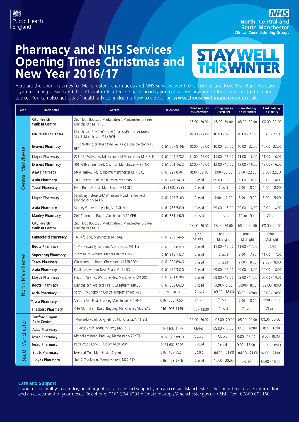 Pharmacy and NHS Services Opening Times Christmas and New Year