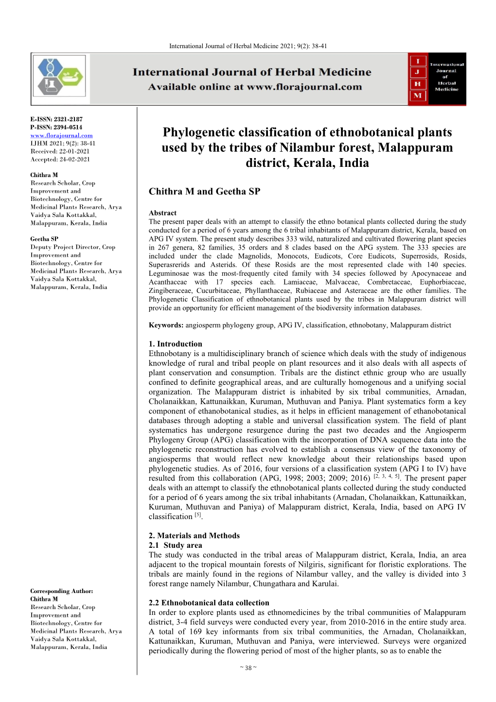 Phylogenetic Classification of Ethnobotanical Plants Used by the Tribes in Malappuram District Will