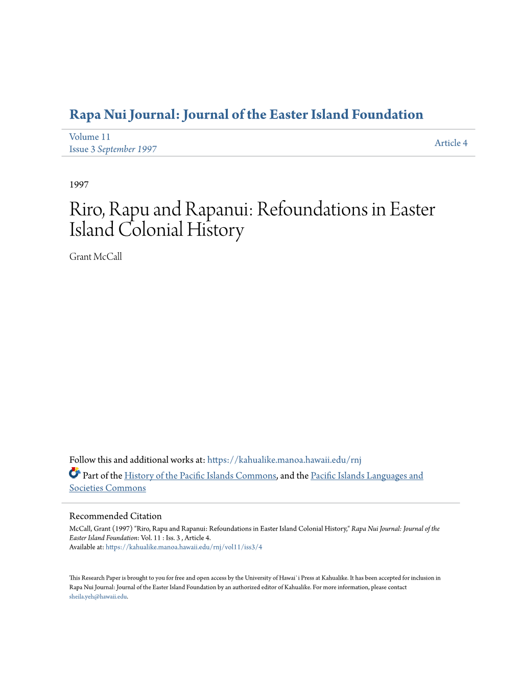 Riro, Rapu and Rapanui: Refoundations in Easter Island Colonial History Grant Mccall