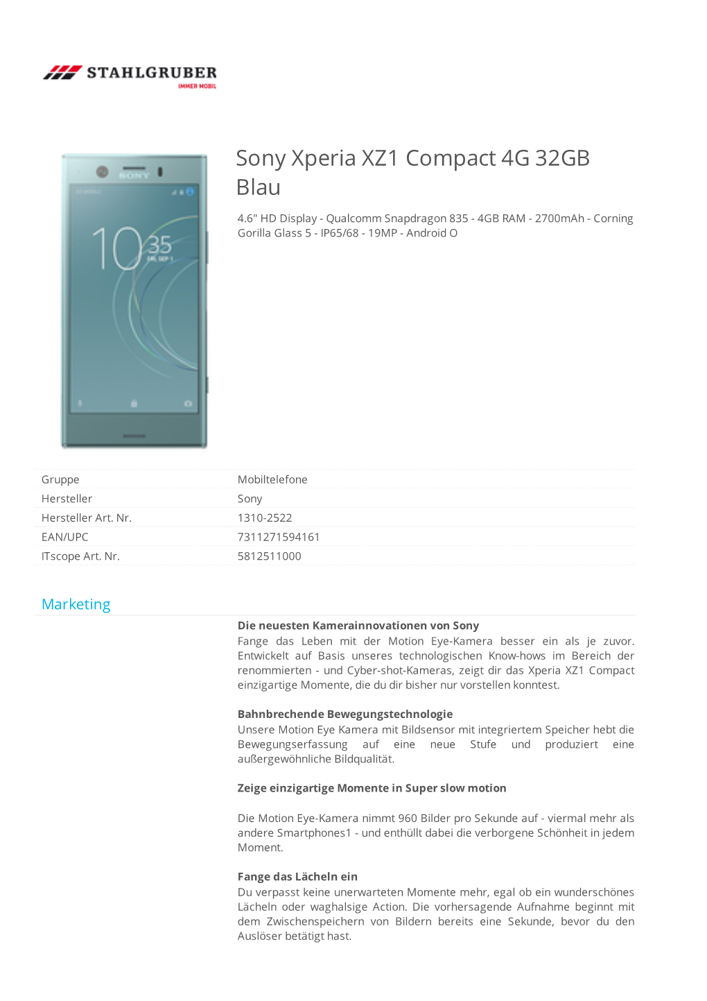 Sony Xperia XZ1 Compact 4G 32GB Blau