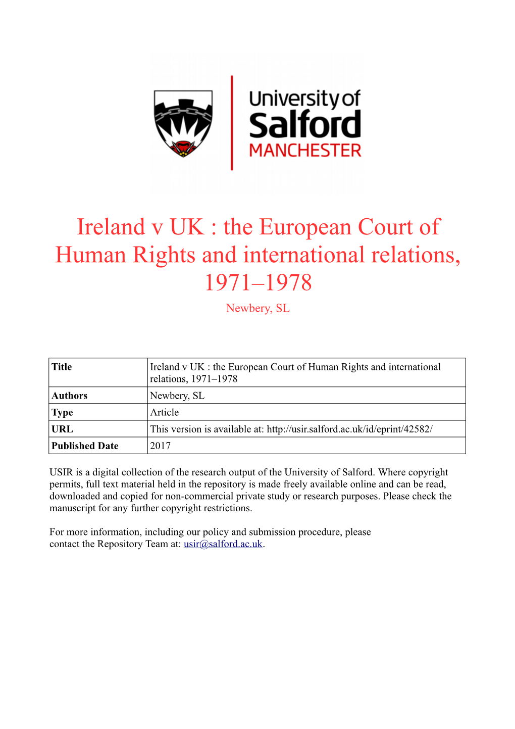 Ireland V UK : the European Court of Human Rights and International Relations, 1971–1978 Newbery, SL