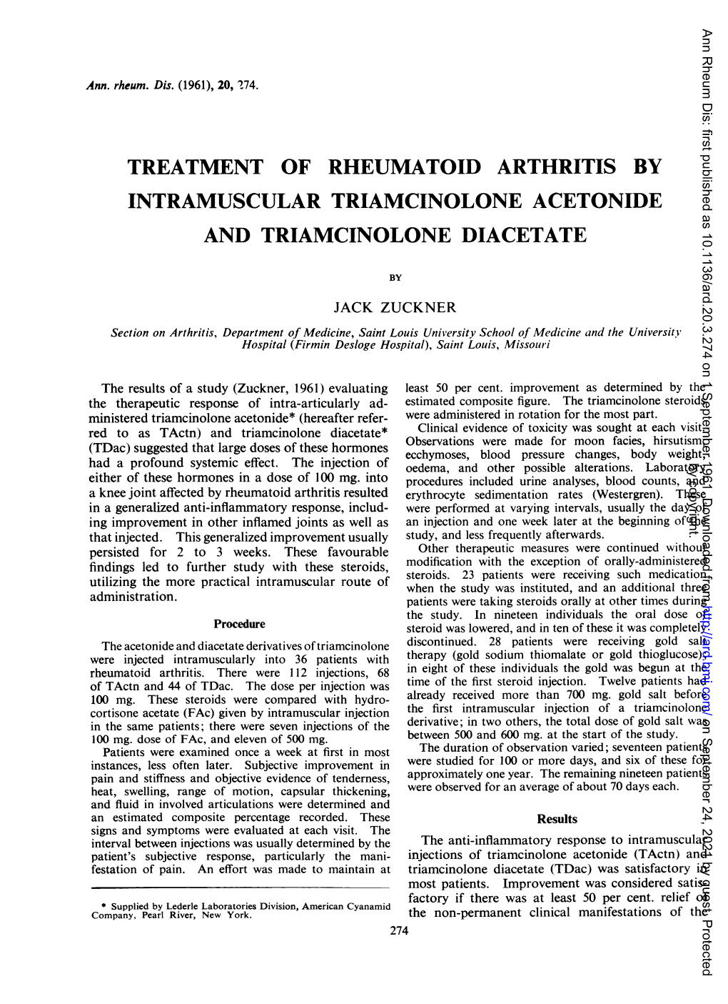 Treatment of Rheumatoid Arthritis by Intramuscular Triamcinolone Acetonide and Triamcinolone Diacetate