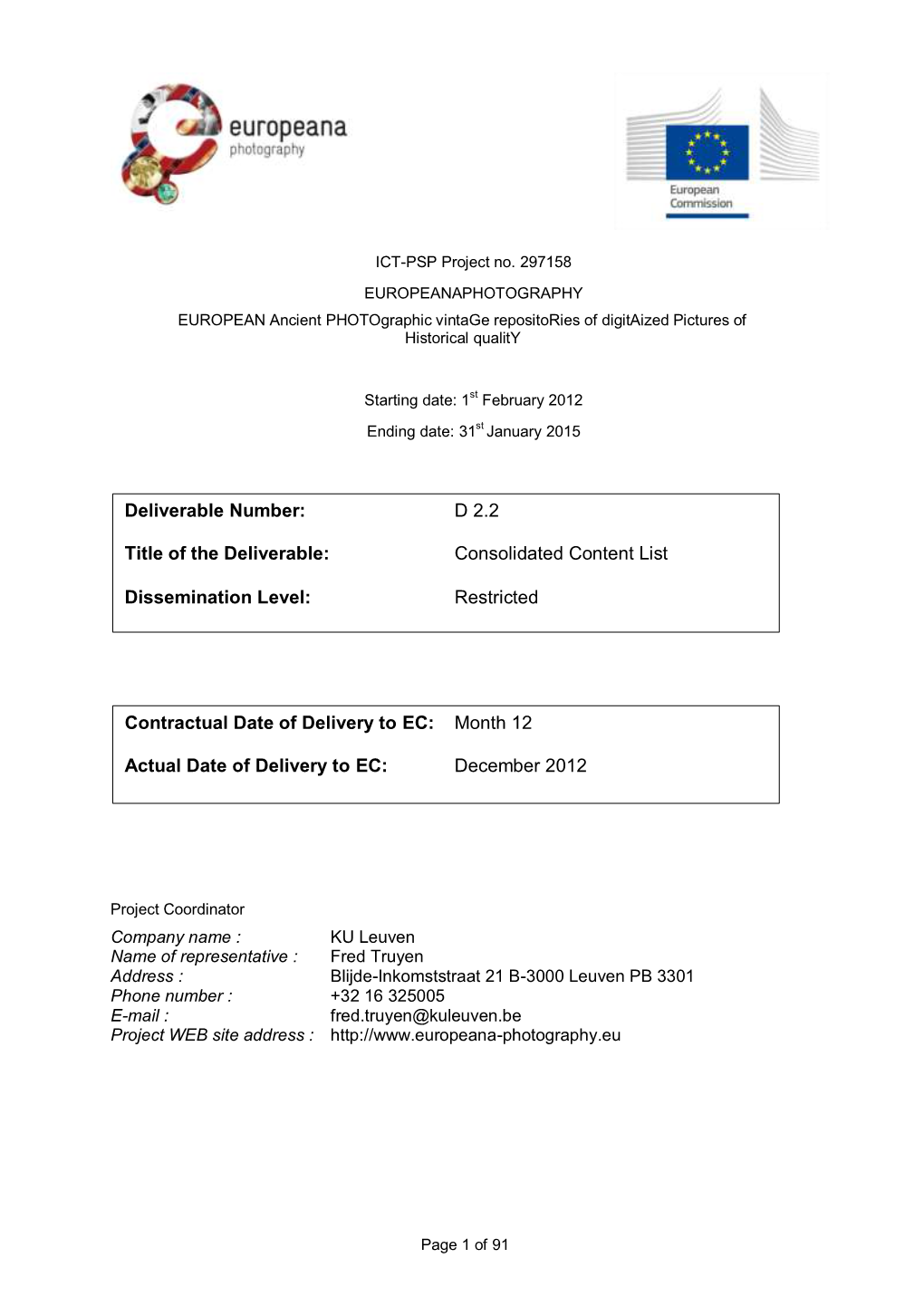 D 2.2 Title of the Deliverable: Consolidated Content List