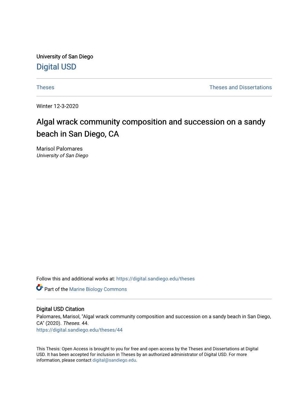 Algal Wrack Community Composition and Succession on a Sandy Beach in San Diego, CA