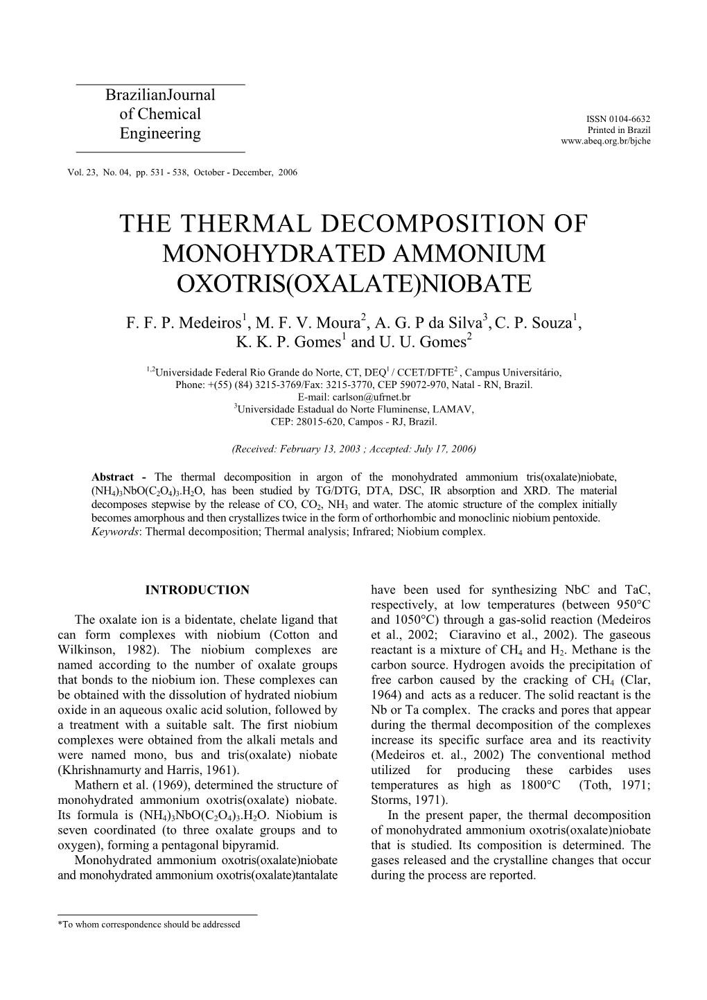 The Thermal Decomposition of Monohydrated Ammonium Oxotris(Oxalate)Niobate