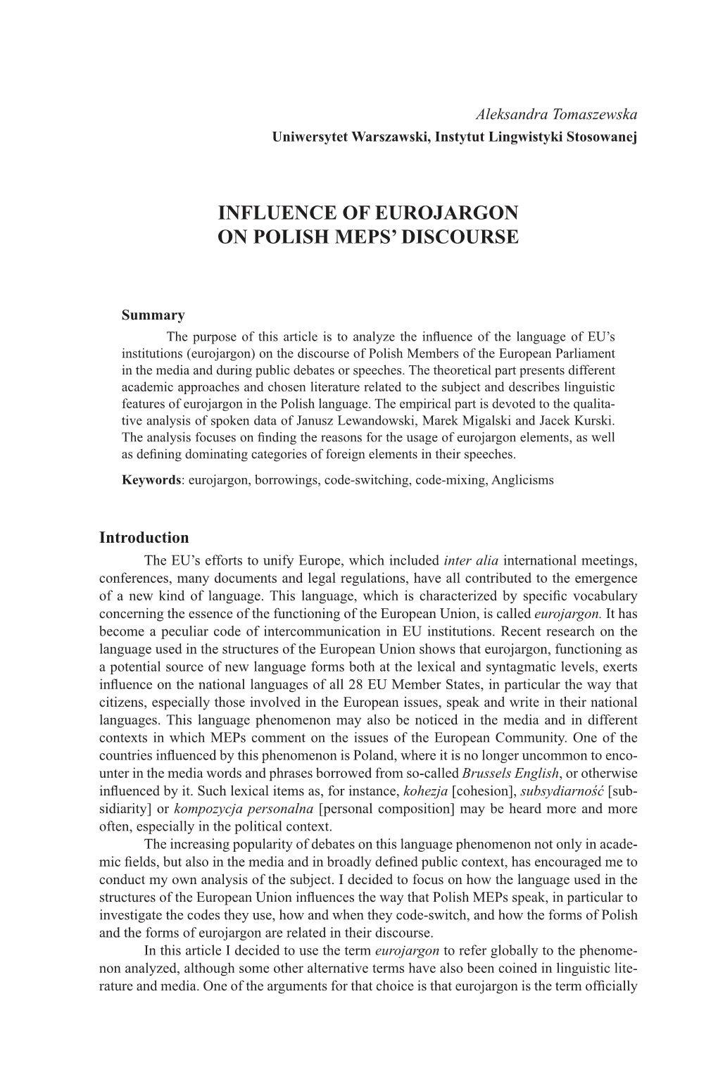 Influence of Eurojargon on Polish Meps' Discourse