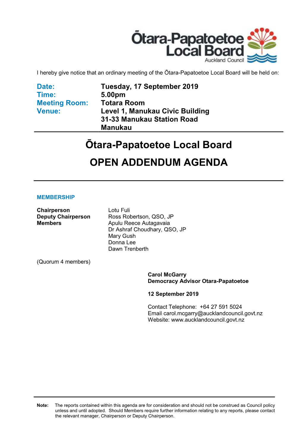 Addendum Agenda of Ōtara-Papatoetoe Local Board