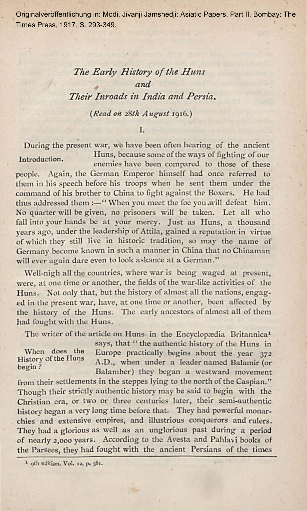 The Early Ristory of the H Uns and Their Inroads in India and Persia