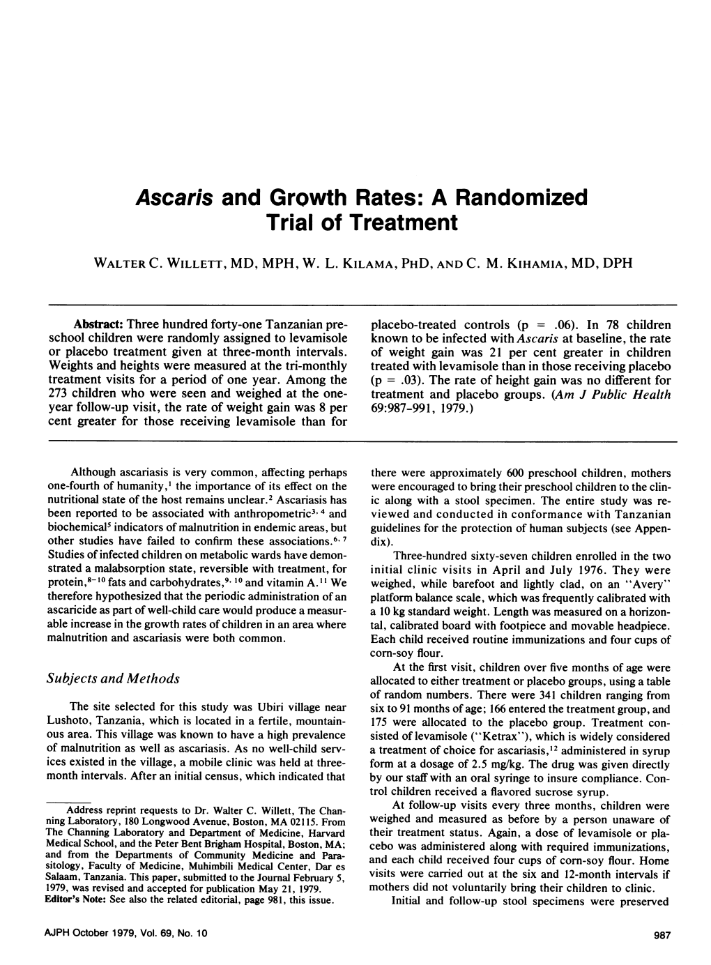Ascaris and Growth Rates: a Randomized Trial of Treatment