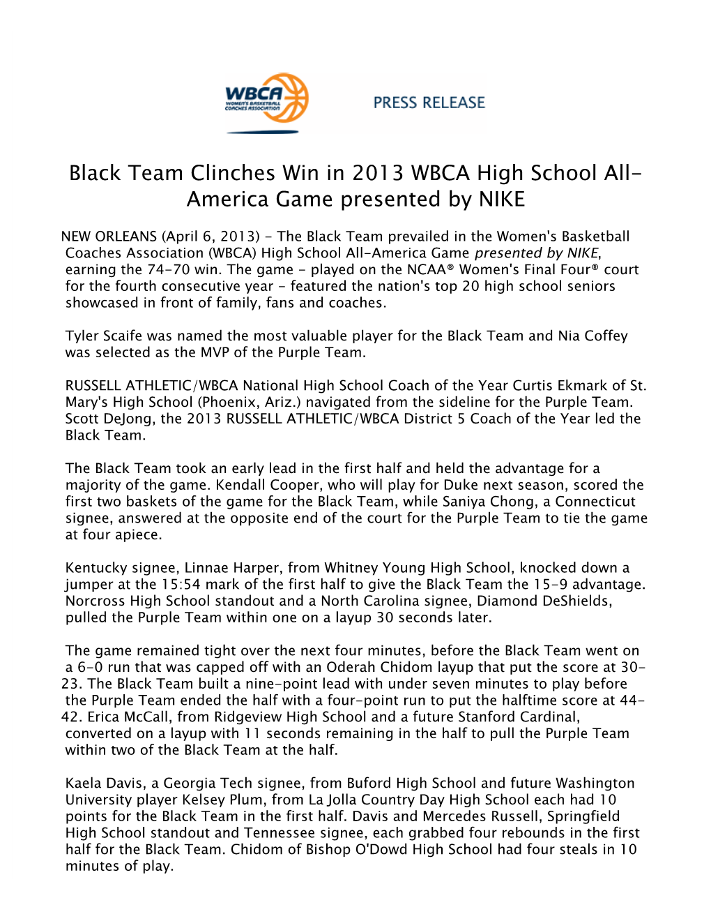 Black Team Clinches Win in 2013 WBCA High School All-America