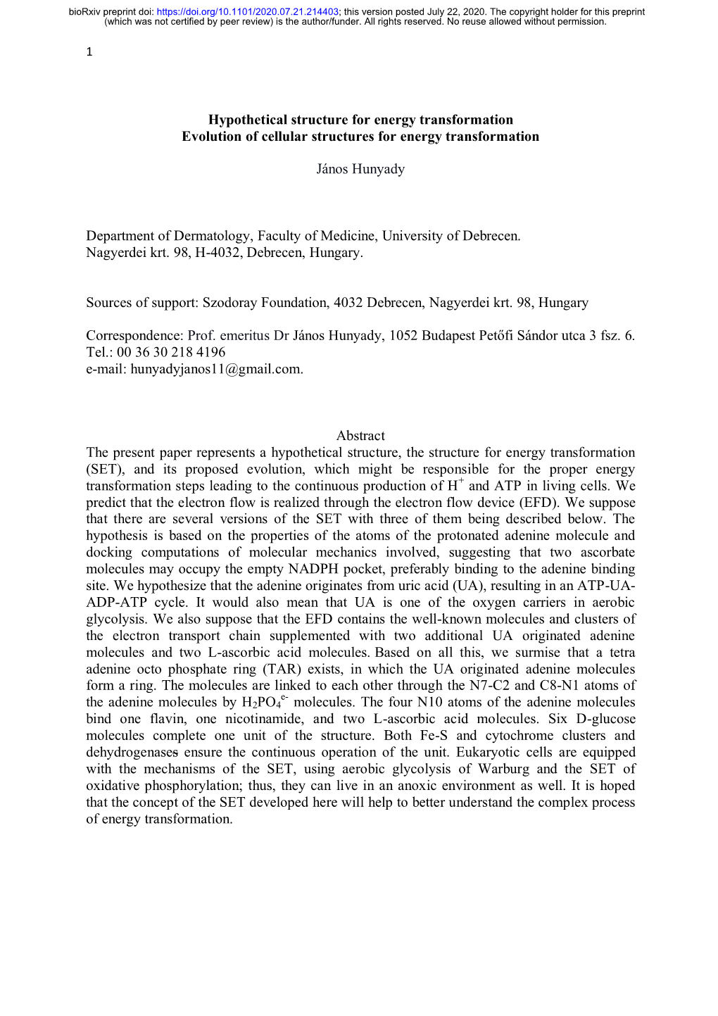 Hypothetical Structure for Energy Transformation Evolution of Cellular Structures for Energy Transformation