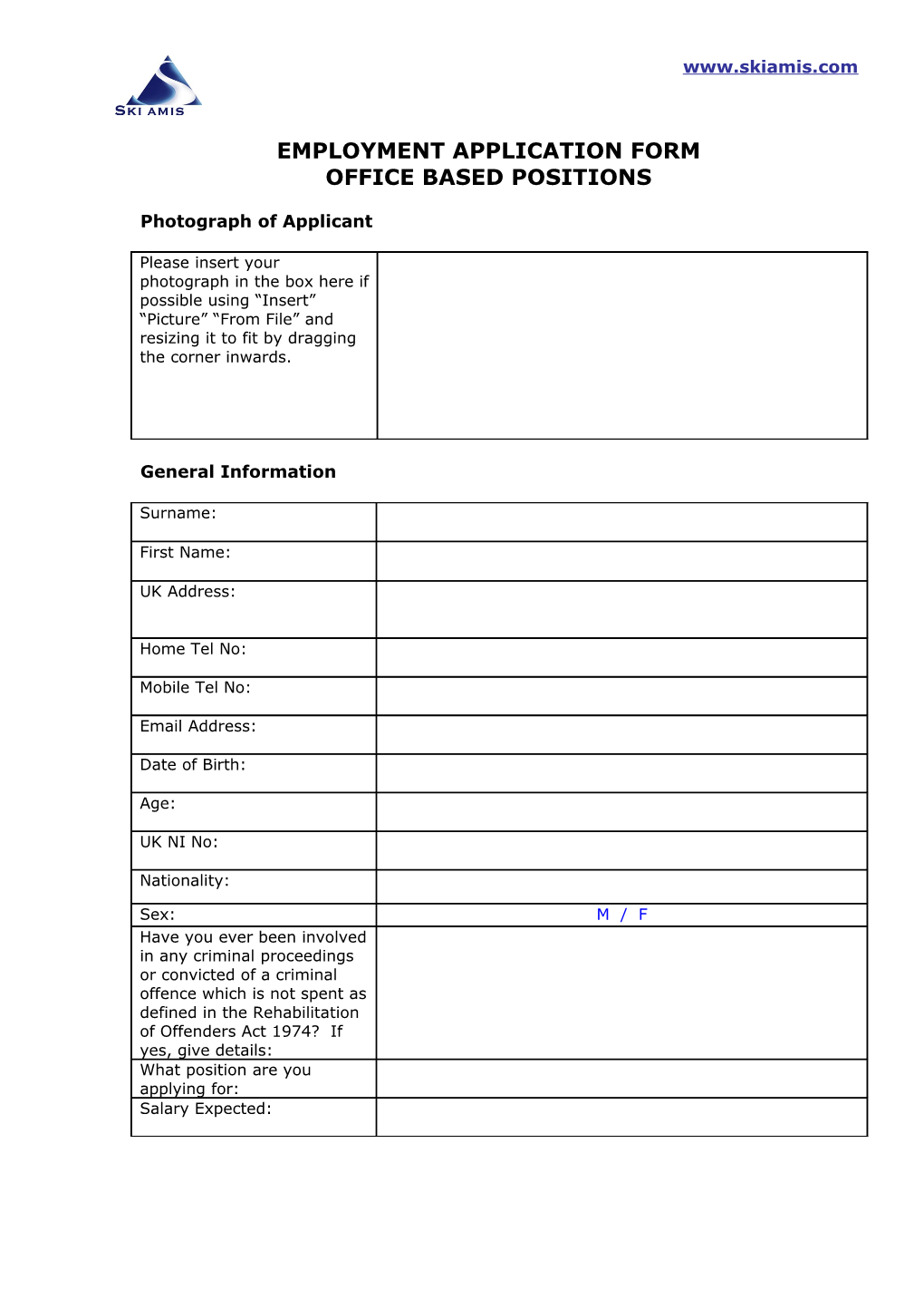 Employment Application Form Resort Jobs