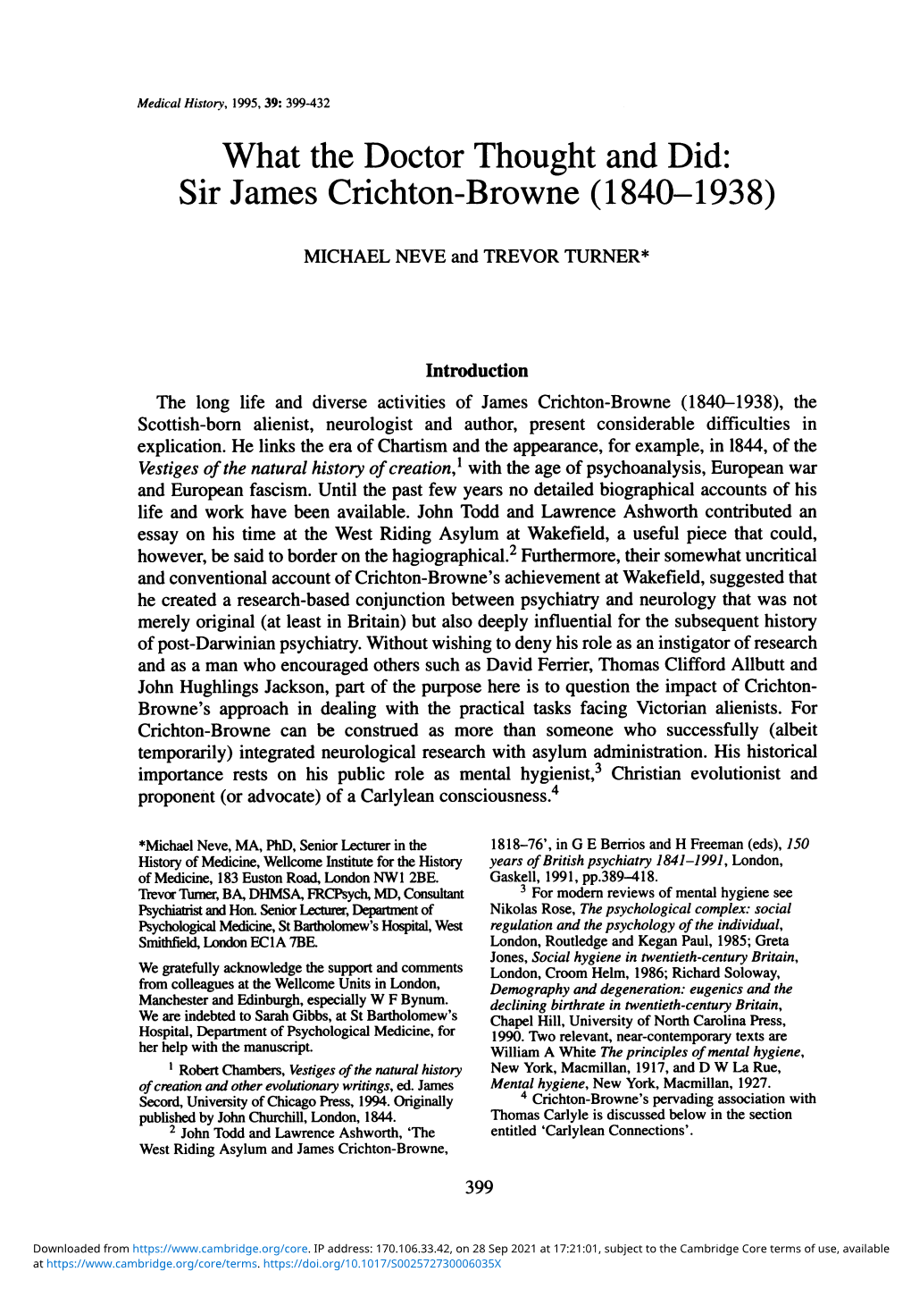 What the Doctor Thought and Did: Sir James Crichton-Browne (1840-1938)