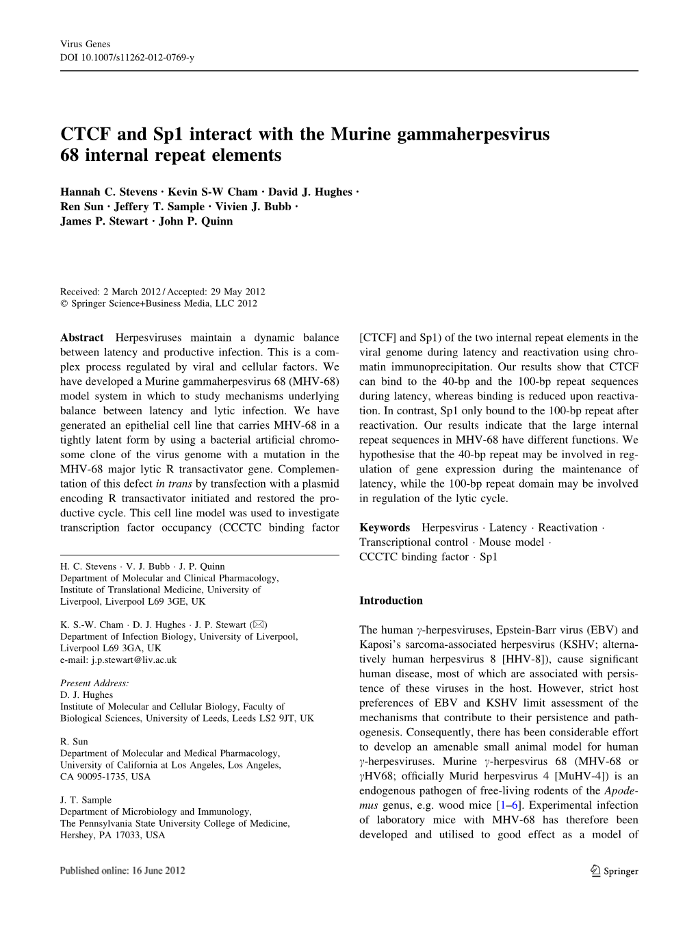 CTCF and Sp1 Interact with the Murine Gammaherpesvirus 68 Internal Repeat Elements