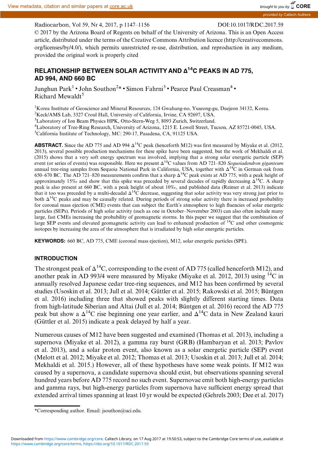 Relationship Between Solar Activity and Δ14c Peaks in Ad