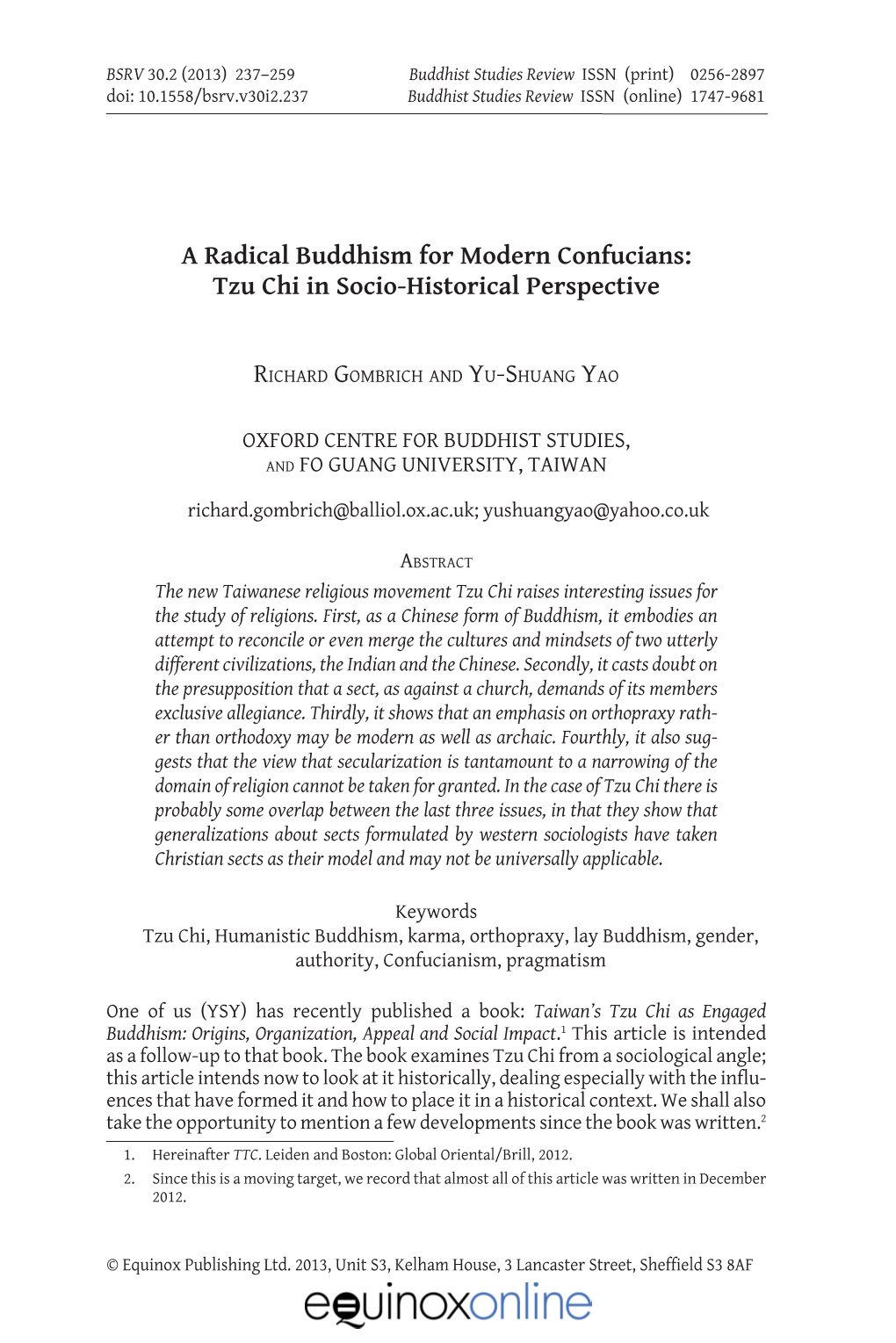 A Radical Buddhism for Modern Confucians: Tzu Chi in Socio-Historical Perspective